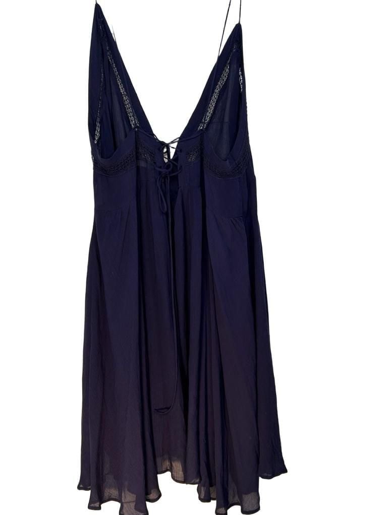 Free People Navy Blue Sheer V-Neck Lace Trim Babydoll Slip Dress 9
