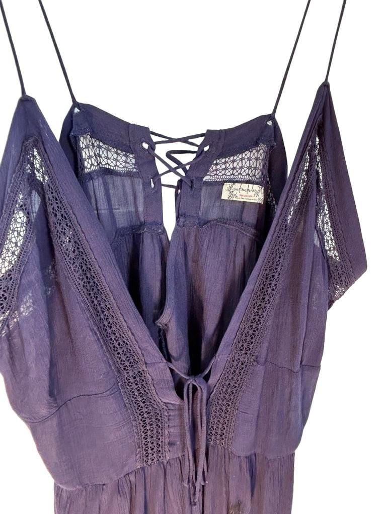 Free People Navy Blue Sheer V-Neck Lace Trim Babydoll Slip Dress 13