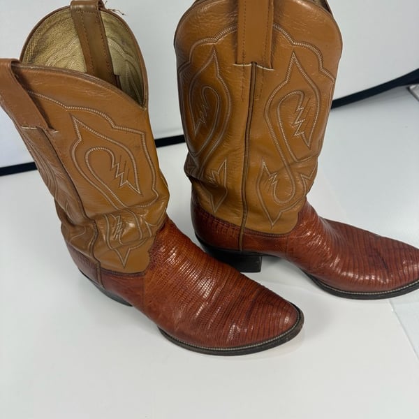 Cowtown Teju Lizard Cowboy Boots Mens 12 B Narrow Cognac Brown Exotic Western