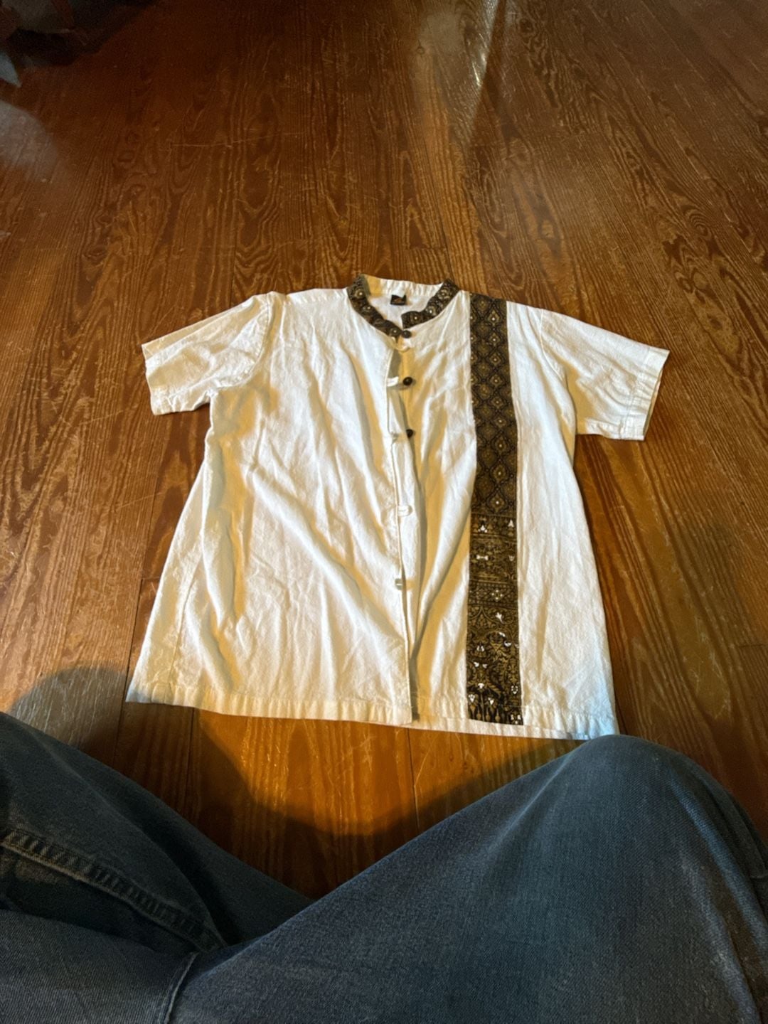 Thai Traditional Cotton Hippie Nehru Shirt with Gold Brocade Trim 2
