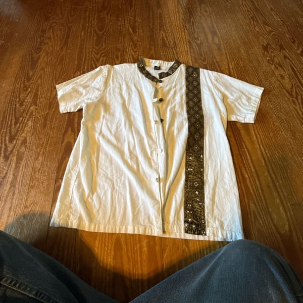 Thai Traditional Cotton Hippie Nehru Shirt with Gold Brocade Trim