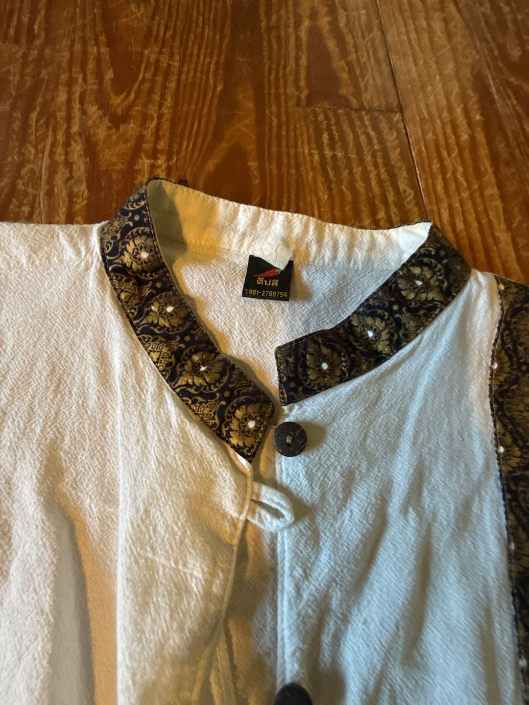 Thai Traditional Cotton Hippie Nehru Shirt with Gold Brocade Trim 4