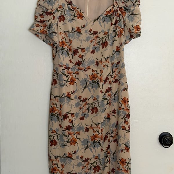 Isabella Floral Puff Sleeve Sweetheart Midi Dress Size L