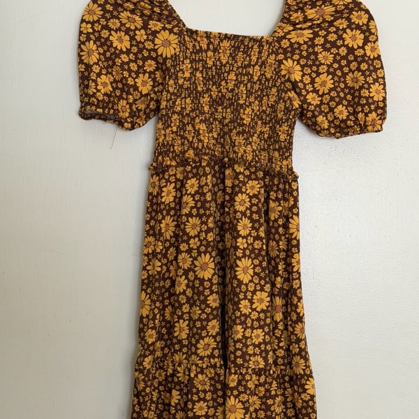 btween Brown and Yellow Floral Smocked Puff Sleeve Dress kids 10