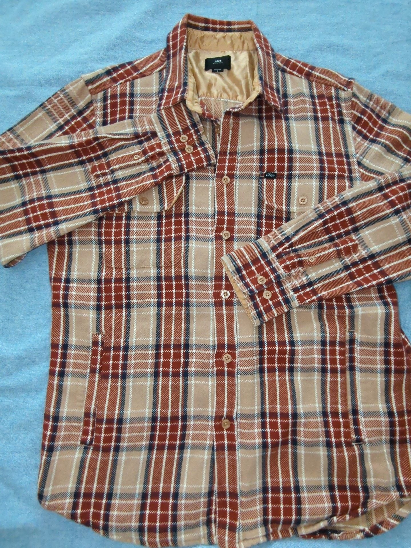 Obey Men's Plaid Flannel Button-Up Long Sleeve Shirt Brown Orange Size M 2