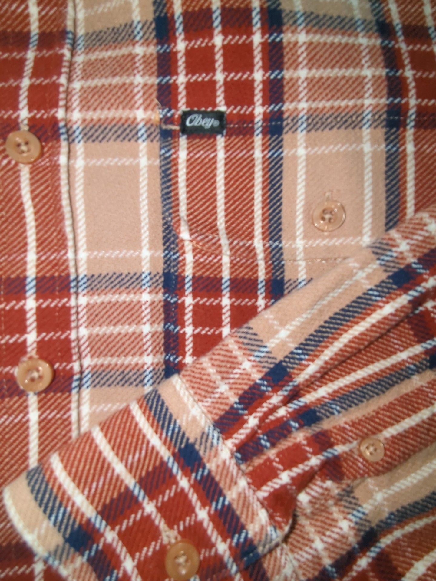 Obey Men's Plaid Flannel Button-Up Long Sleeve Shirt Brown Orange Size M 3