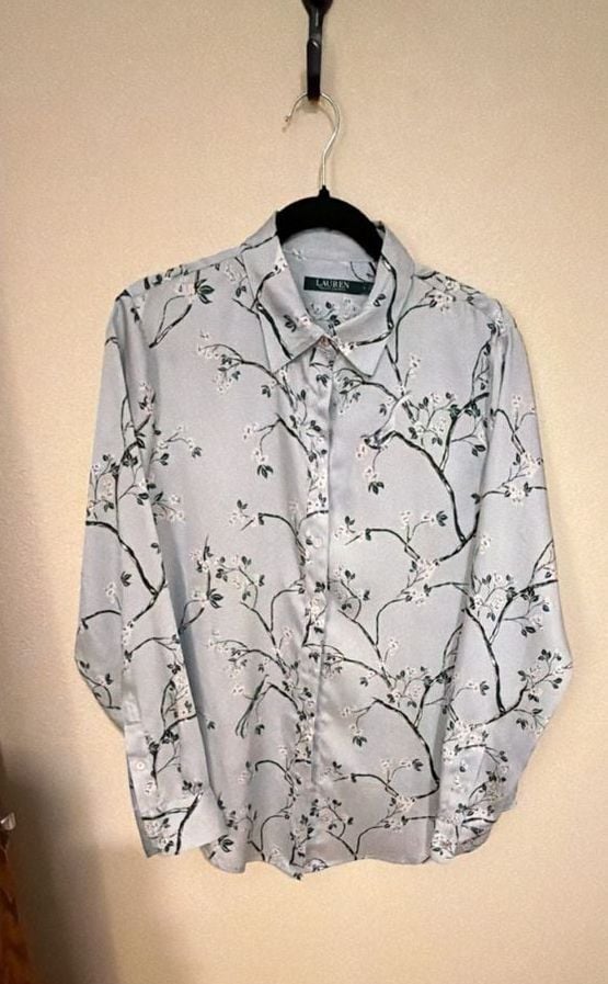 Lauren Ralph Lauren Light Blue Cherry Blossom Floral Long Sleeve Button-Down Blouse 2