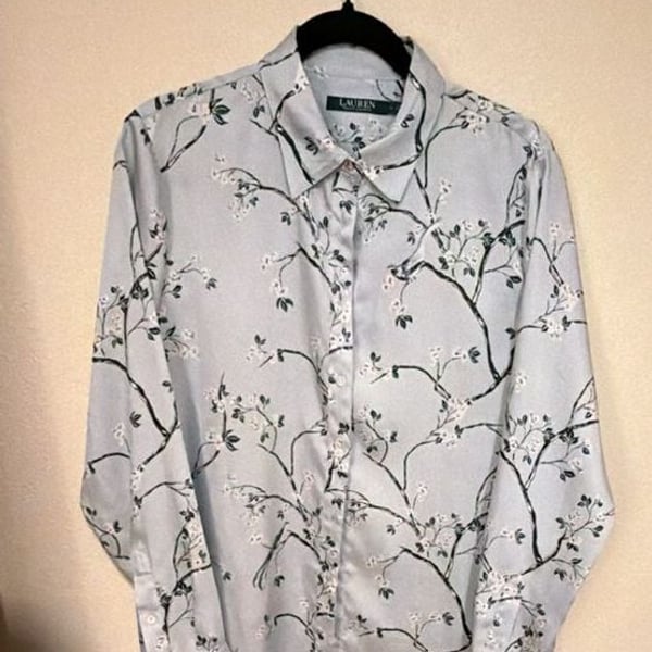 Lauren Ralph Lauren Light Blue Cherry Blossom Floral Long Sleeve Button-Down Blouse