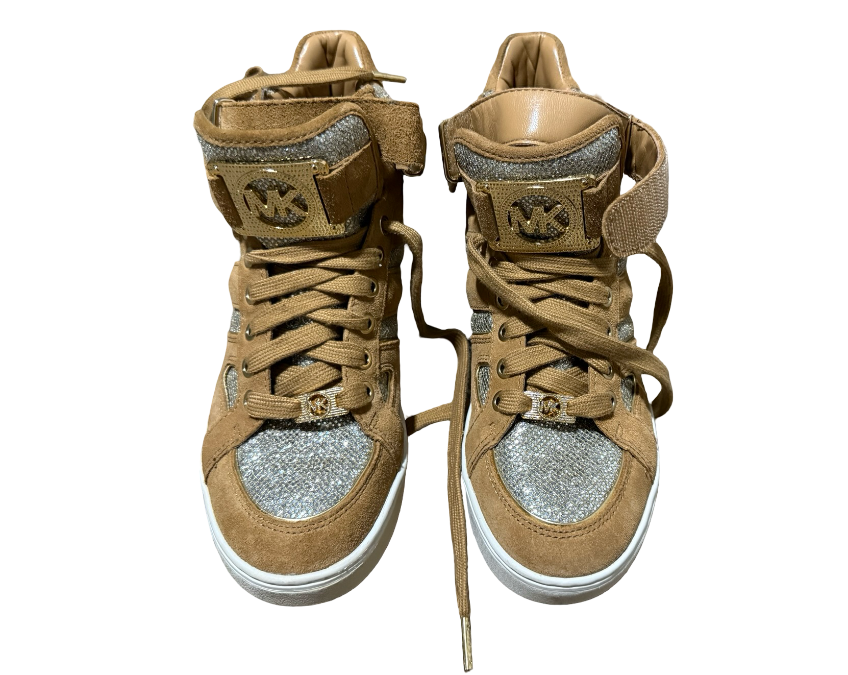 Women’s Michael Kors Fulton Tan Suede Glitter High Top Wedge Sneakers 2