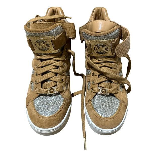 Women’s Michael Kors Fulton Tan Suede Glitter High Top Wedge Sneakers