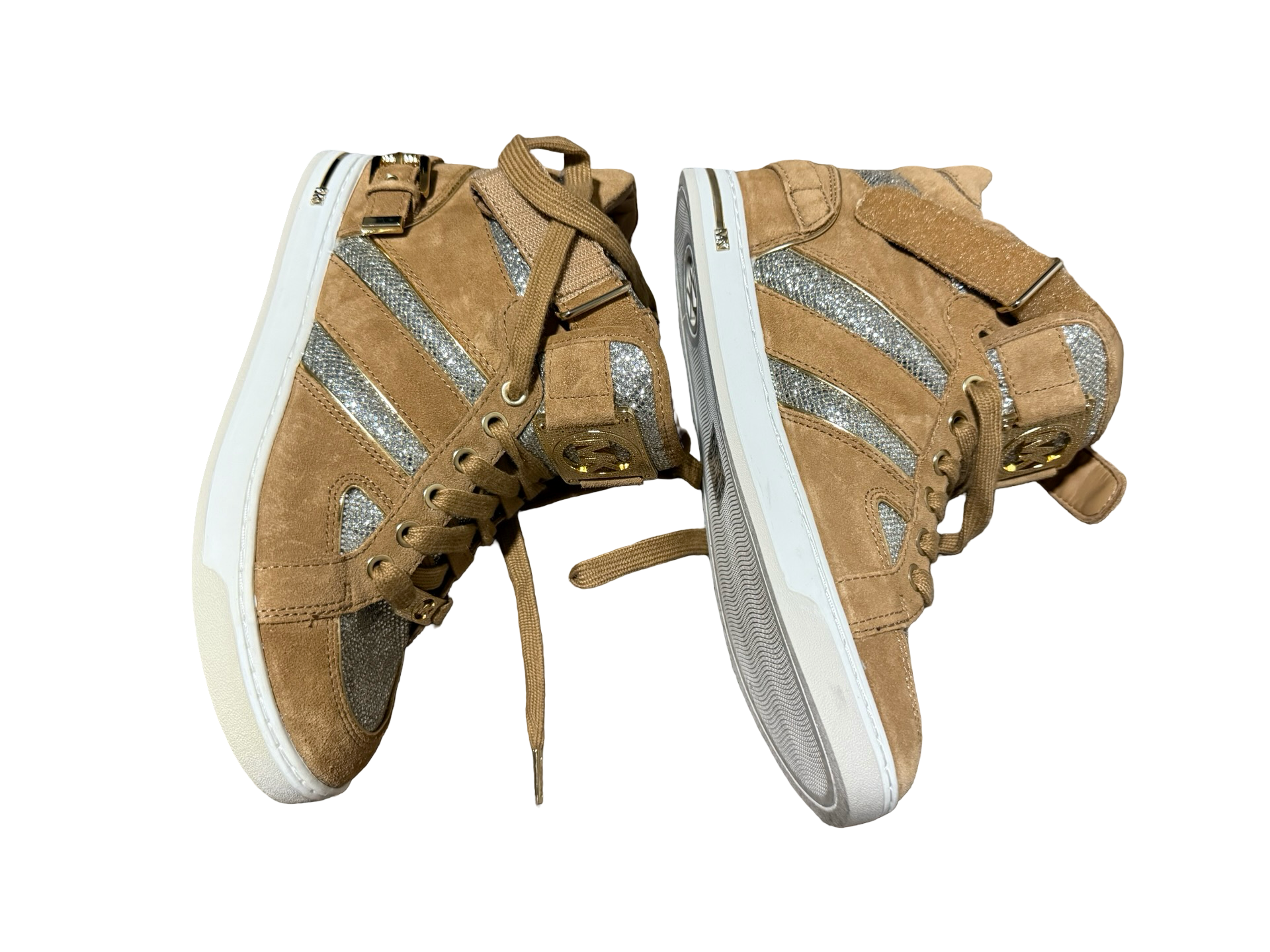 Women’s Michael Kors Fulton Tan Suede Glitter High Top Wedge Sneakers 3