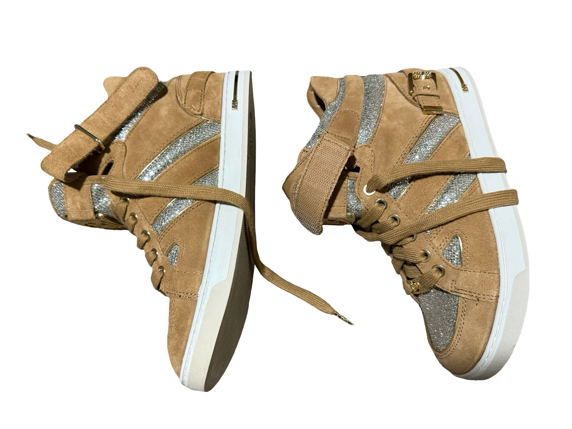 Women’s Michael Kors Fulton Tan Suede Glitter High Top Wedge Sneakers 4