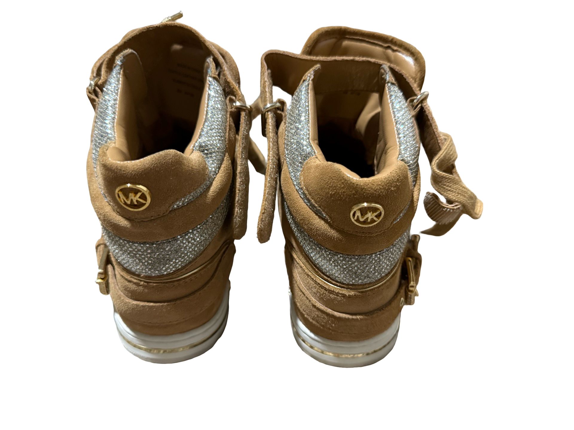 Women’s Michael Kors Fulton Tan Suede Glitter High Top Wedge Sneakers 6
