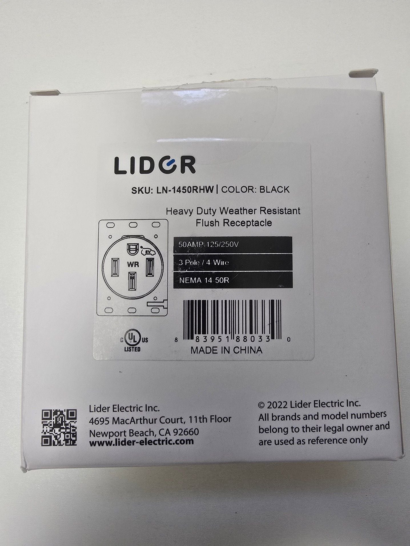 Lider LN-1450RHW Heavy Duty Weather Resistant Flush Receptacle Nema 14-50R 50 Amp 125/250V 3