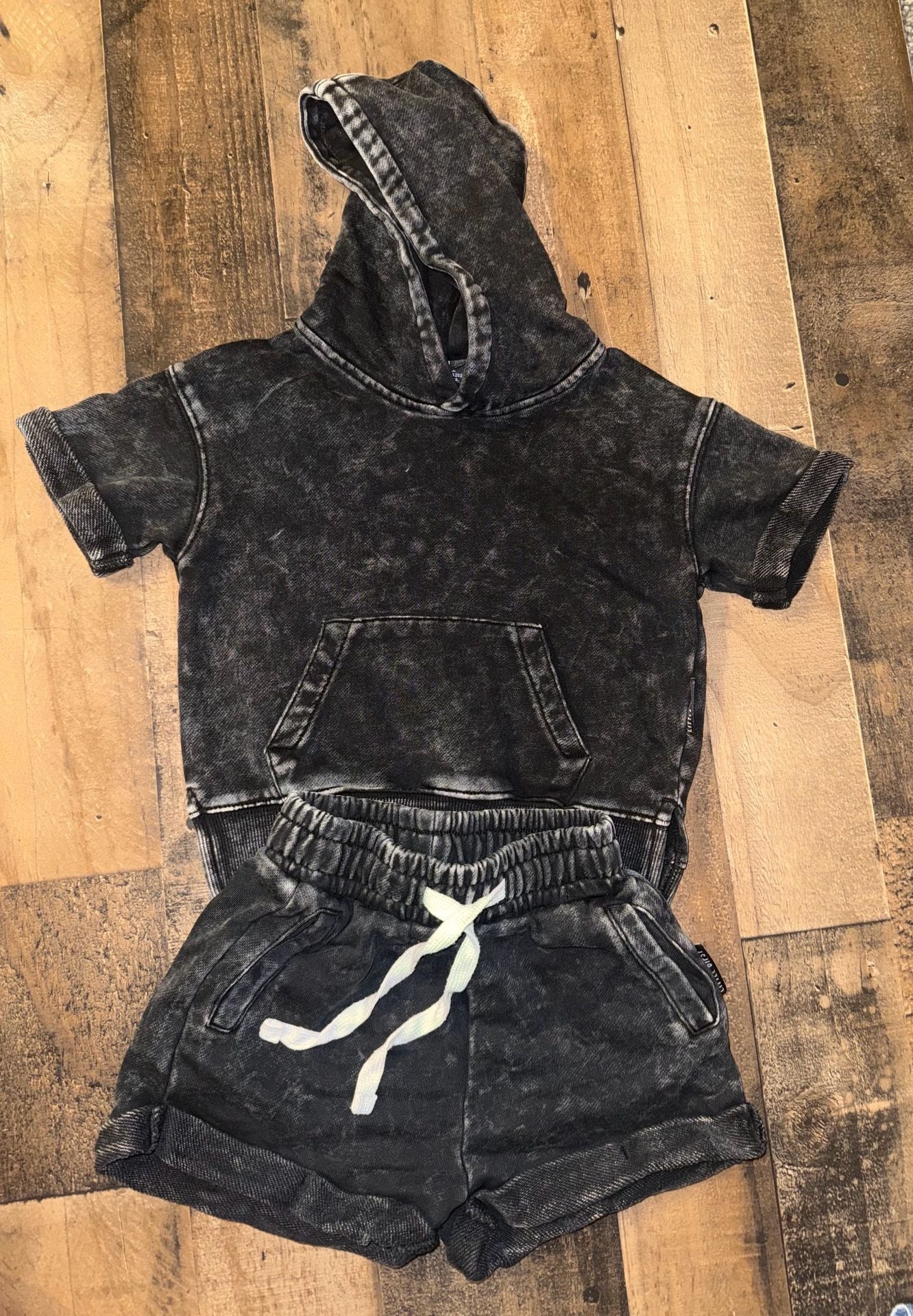 Size 18-24m Little bipsy Black Acid Wash Short Sleeve Hoodie and Shorts 1