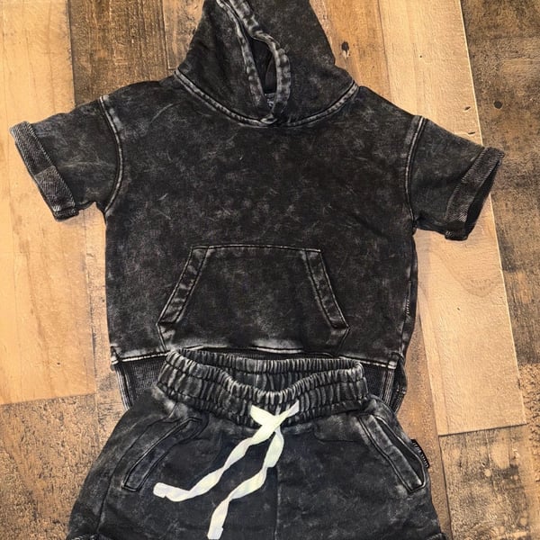 Size 18-24m Little bipsy Black Acid Wash Short Sleeve Hoodie and Shorts