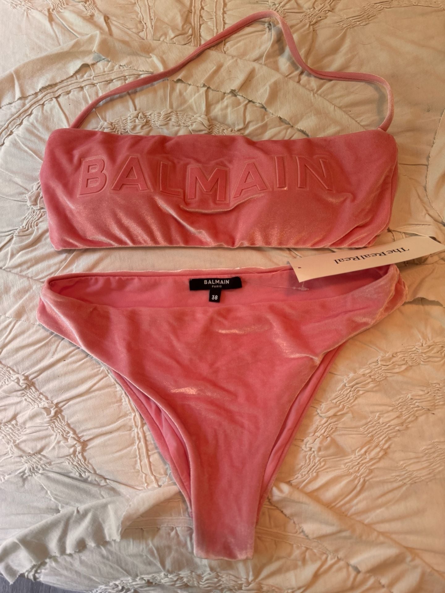 Balmain Logo-Embellished Velvet Bikini Set Pink 3