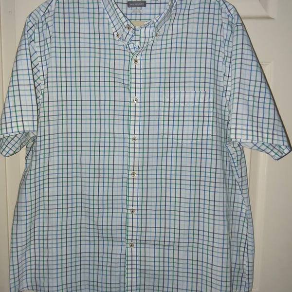 Van Heusen Classic Fit Short Sleeve Plaid Button Down Shirt White Blue Green XXL
