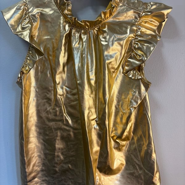Jodifl Gold Metallic Ruffle Mock Neck Flutter Sleeve Blouse