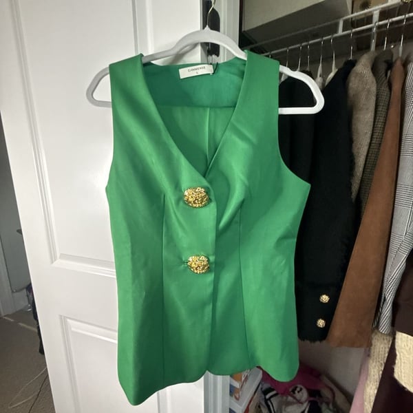 COMMENSE Women's Green V-Neck Vest with Gold Buttons and pants set