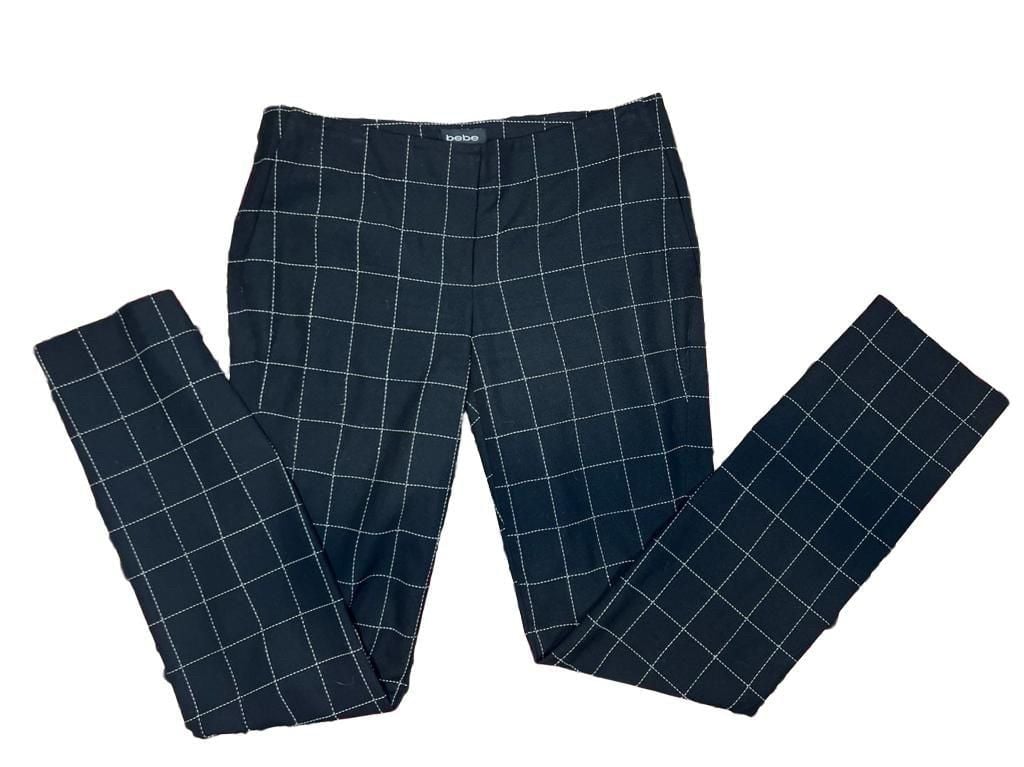 Bebe Black White Windowpane Plaid Ankle Pants with Zip Hems Size 10 2