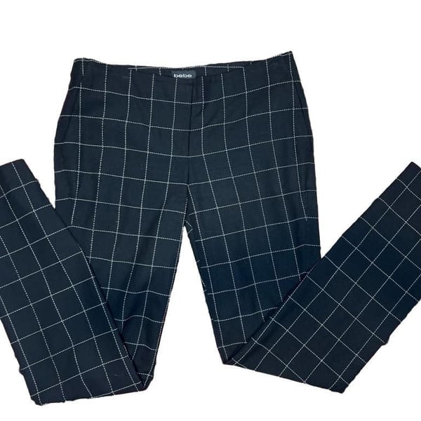 Bebe Black White Windowpane Plaid Ankle Pants with Zip Hems Size 10