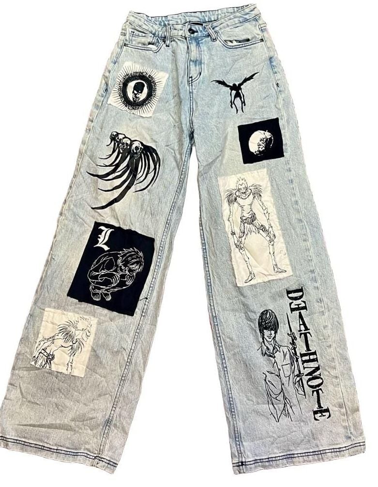 Hot Topic Death Note Custom Patch Wide Leg Light Wash Denim Jeans 6
