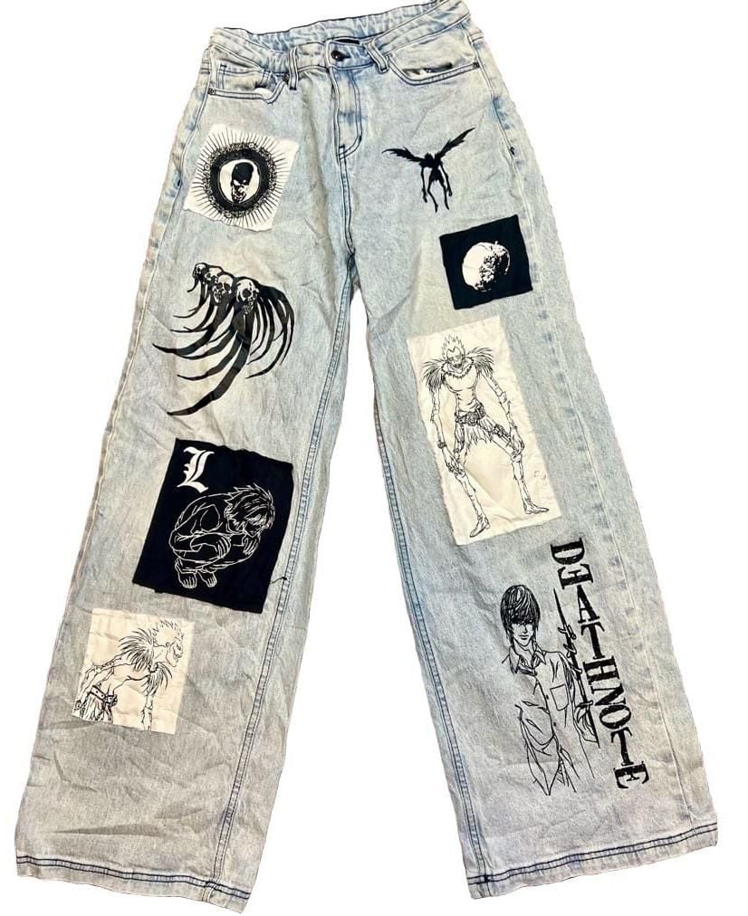 Hot Topic Death Note Custom Patch Wide Leg Light Wash Denim Jeans 2