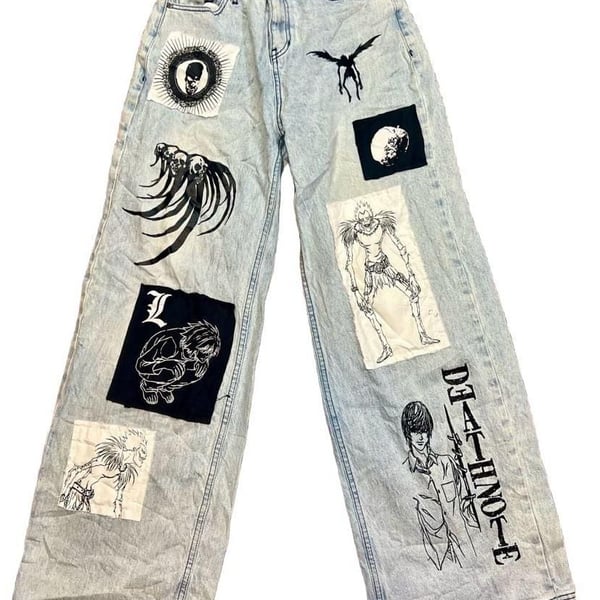 Hot Topic Death Note Custom Patch Wide Leg Light Wash Denim Jeans