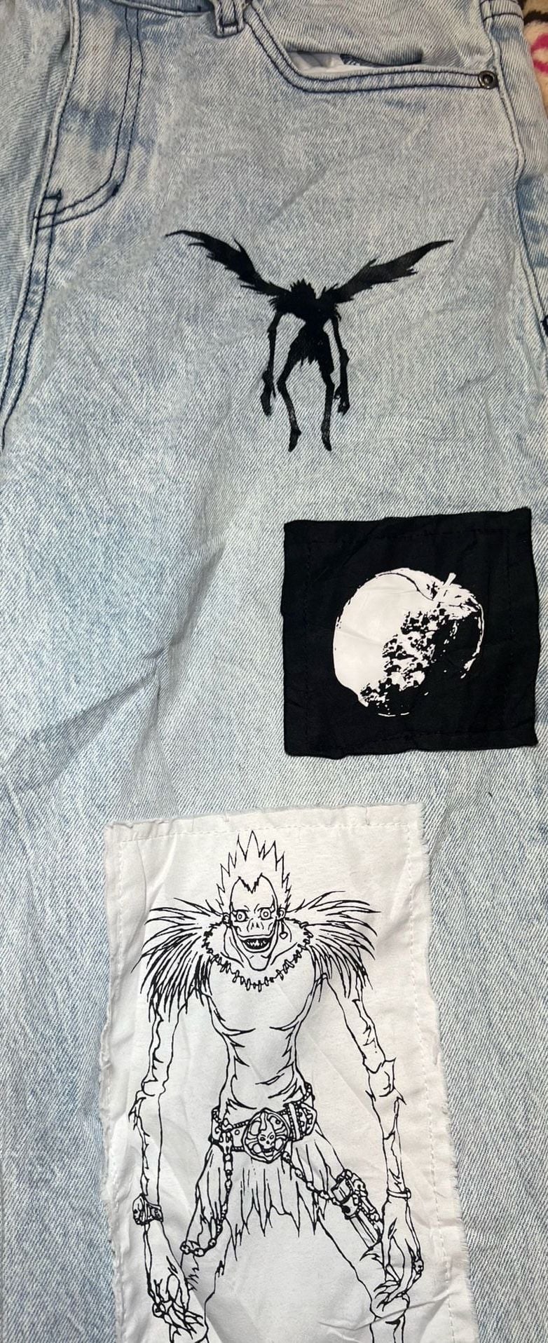 Hot Topic Death Note Custom Patch Wide Leg Light Wash Denim Jeans 5