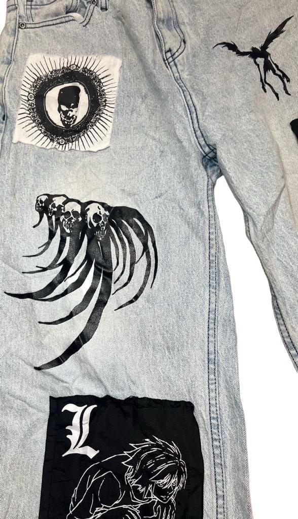 Hot Topic Death Note Custom Patch Wide Leg Light Wash Denim Jeans 4