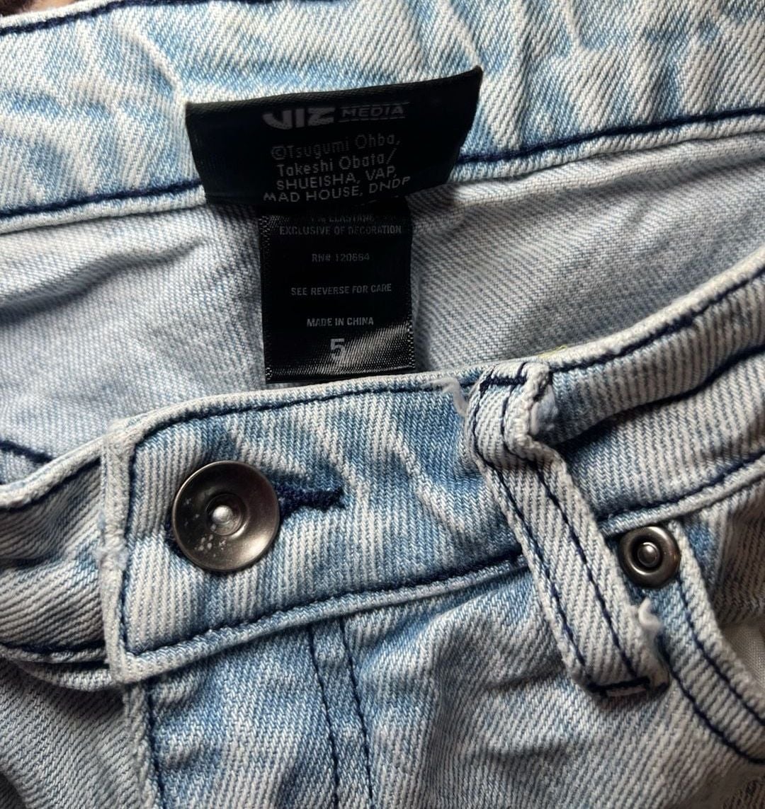 Hot Topic Death Note Custom Patch Wide Leg Light Wash Denim Jeans 8