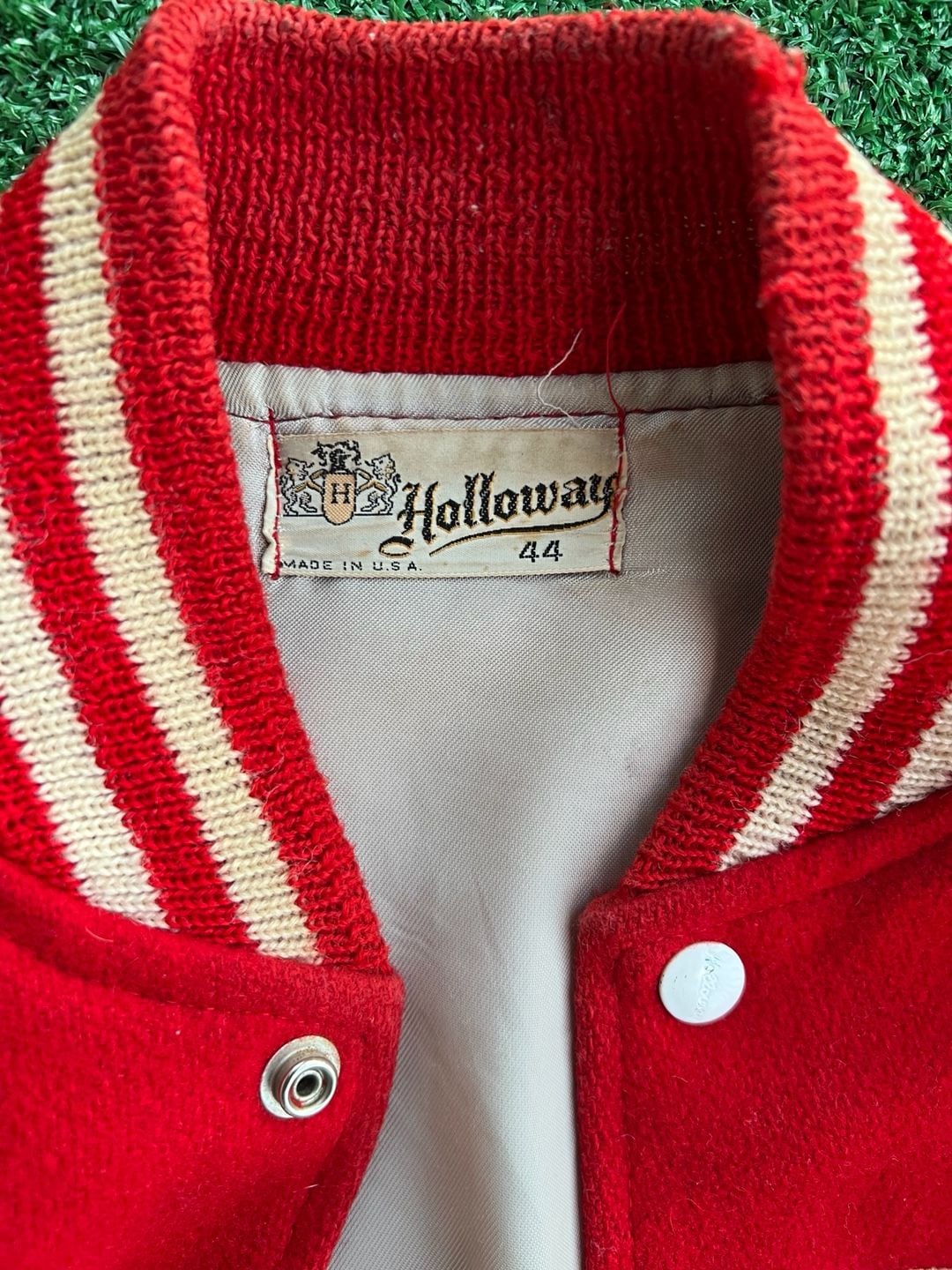 Vintage Holloway Red and White Wool and Leather Varsity Letterman Jacket Size 44 5