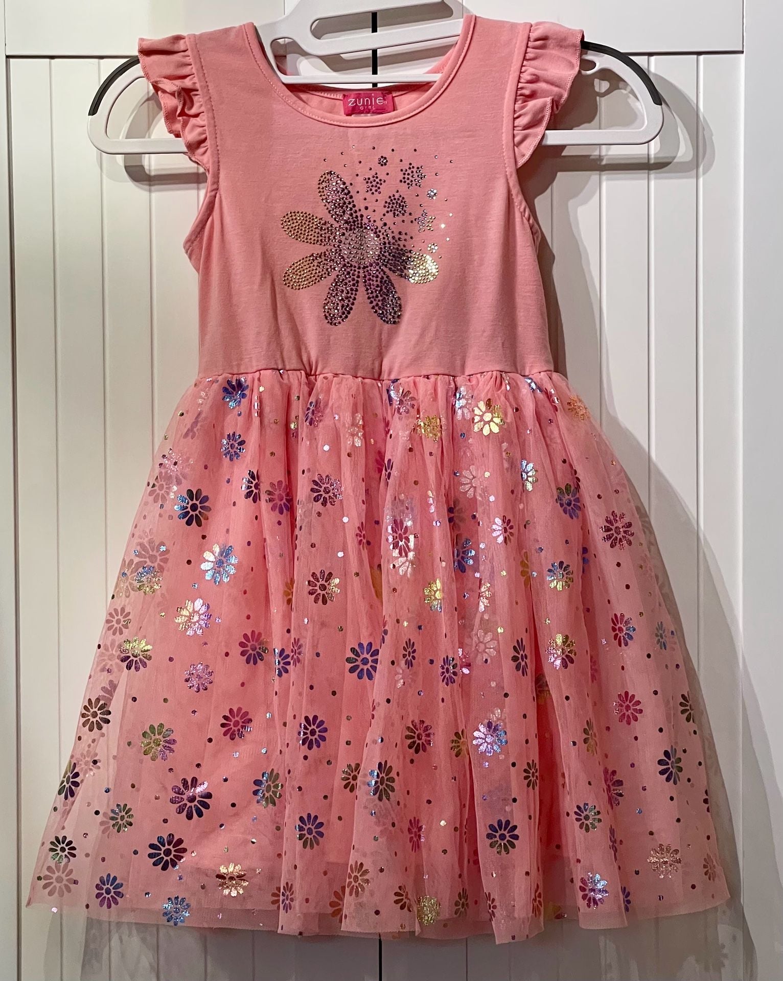 Zunie Girl Pink Tulle Dress Size 6 Flutter Sleeve Floral Applique Tutu Dress 2