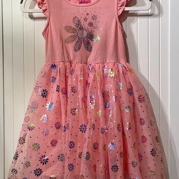 Zunie Girl Pink Tulle Dress Size 6 Flutter Sleeve Floral Applique Tutu Dress