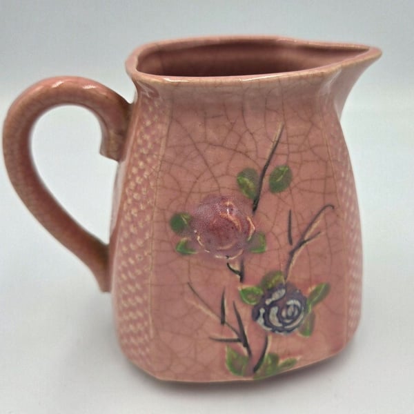 Vintage Made in Japan Pink Majolica Style Rose Floral Creamer Pitcher Jug