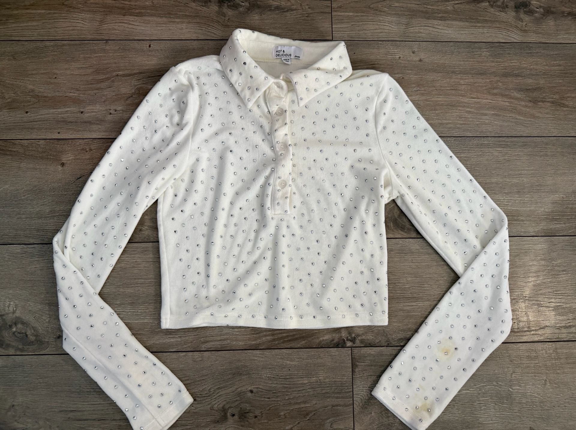 Y2K 2000S White Rhinestone Studded Long Sleeve Polo Crop Top 2
