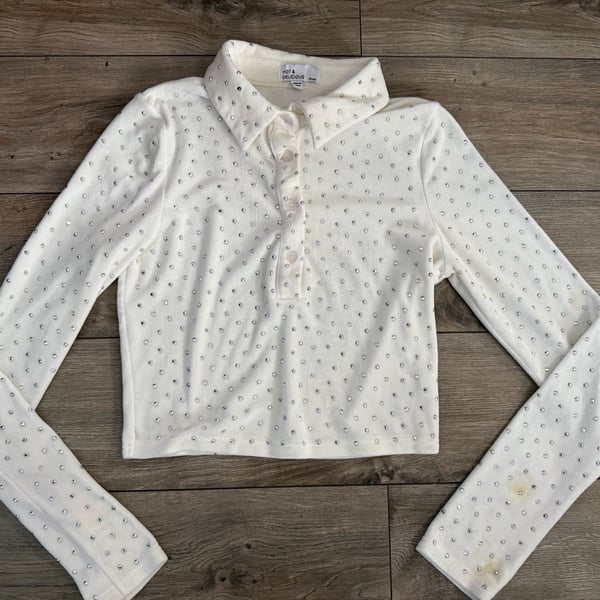 Y2K 2000S White Rhinestone Studded Long Sleeve Polo Crop Top