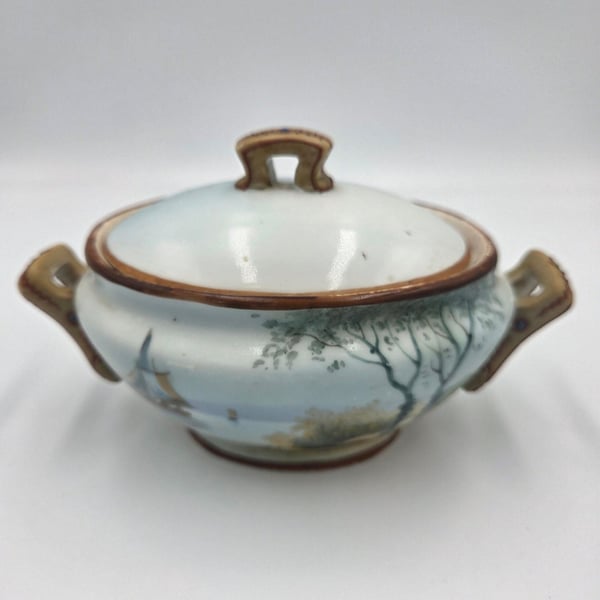 Vintage Nippon Hand Painted Sugar Bowl with Scenic Landscape