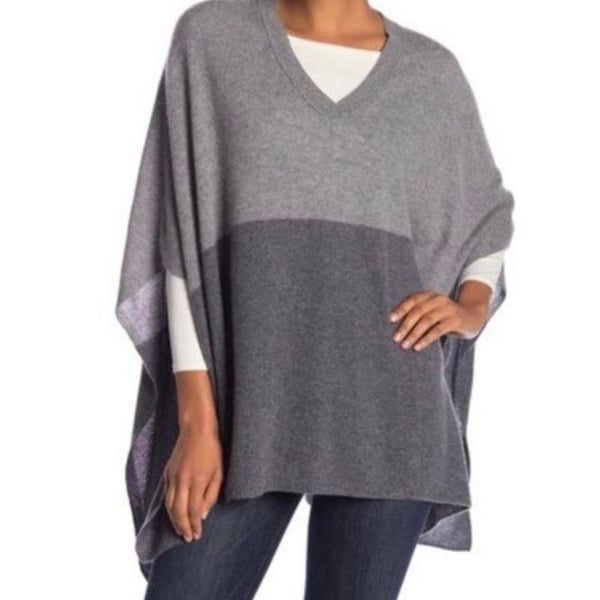 Halogen Colorblock 100% Cashmere Poncho One Size grey