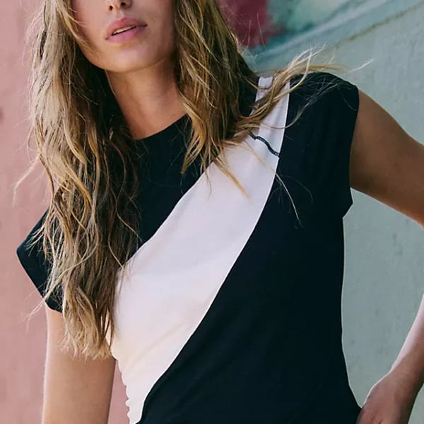 Free People Movement Black White Colorblock Asymmetrical Short Sleeve Tee Shirt