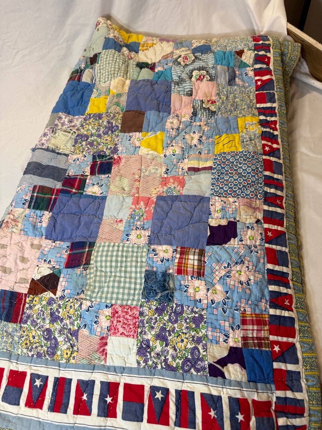 Vintage Handmade Patchwork Quilt with American Flag Border and Floral Prints 1