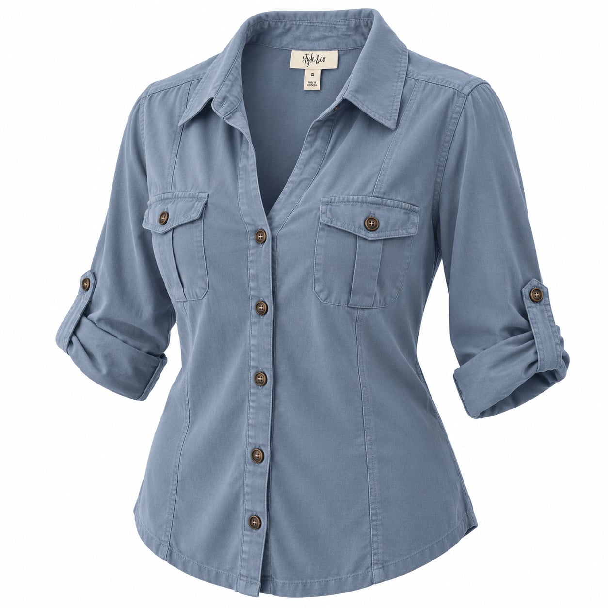 Style & Co. Blue Collared Button-Up Utility Shirt with Pockets 4