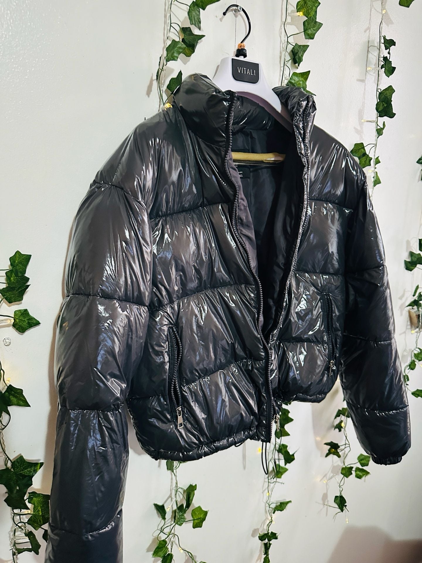 Love Streak Cold Weather Collection Black High Shine Cropped Puffer Jacket Size S 2