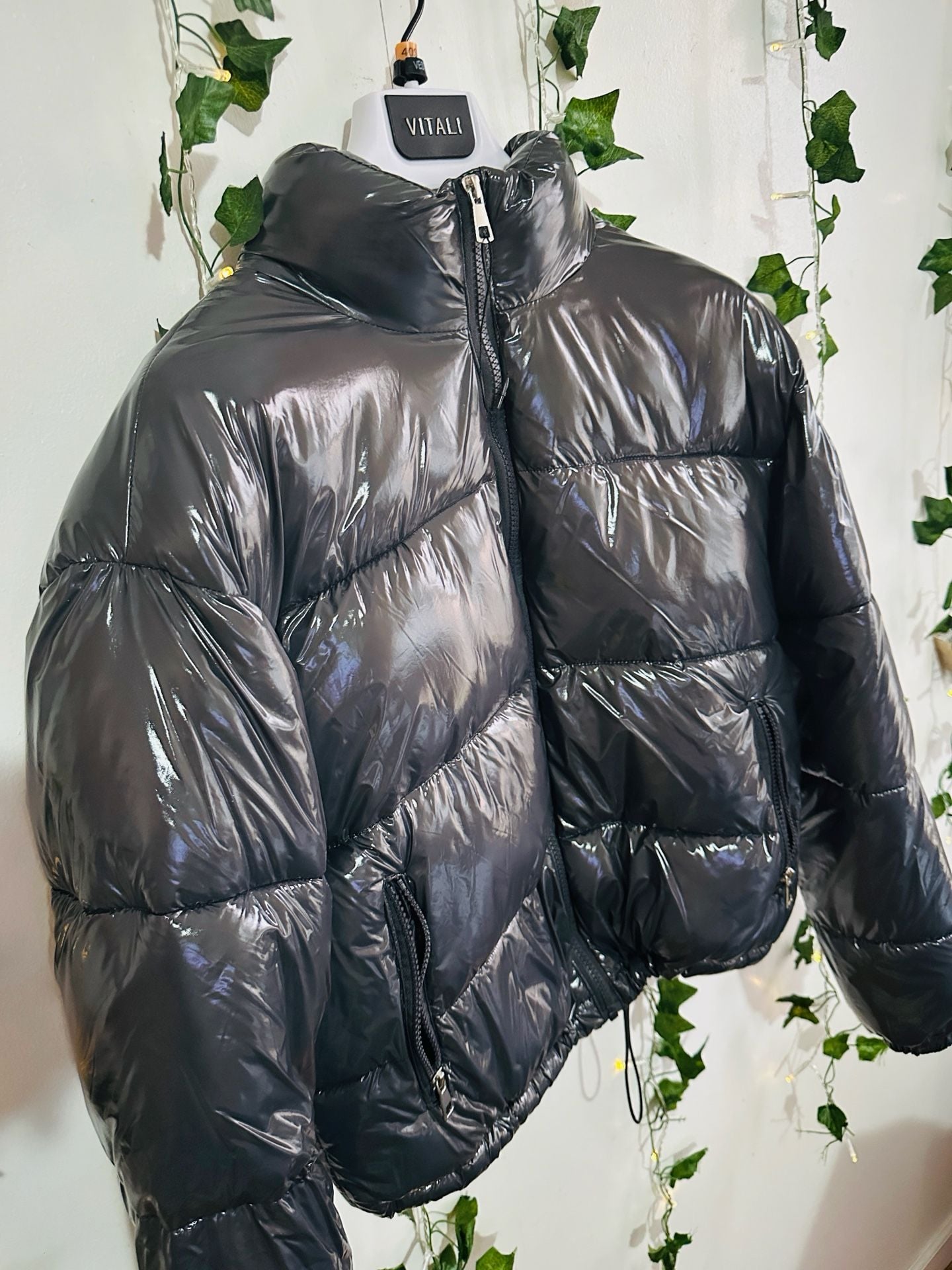 Love Streak Cold Weather Collection Black High Shine Cropped Puffer Jacket Size S 3