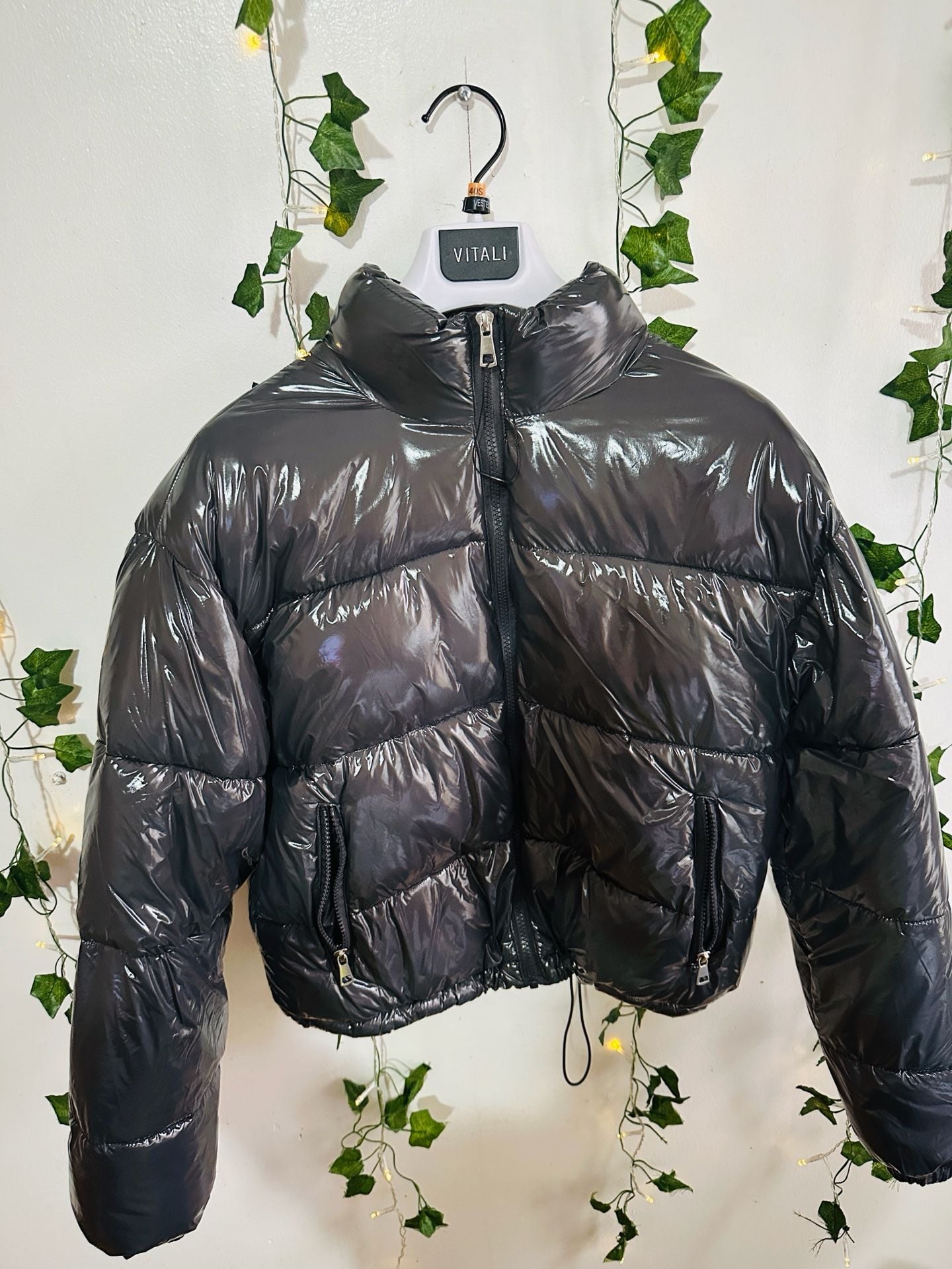 Love Streak Cold Weather Collection Black High Shine Cropped Puffer Jacket Size S 5
