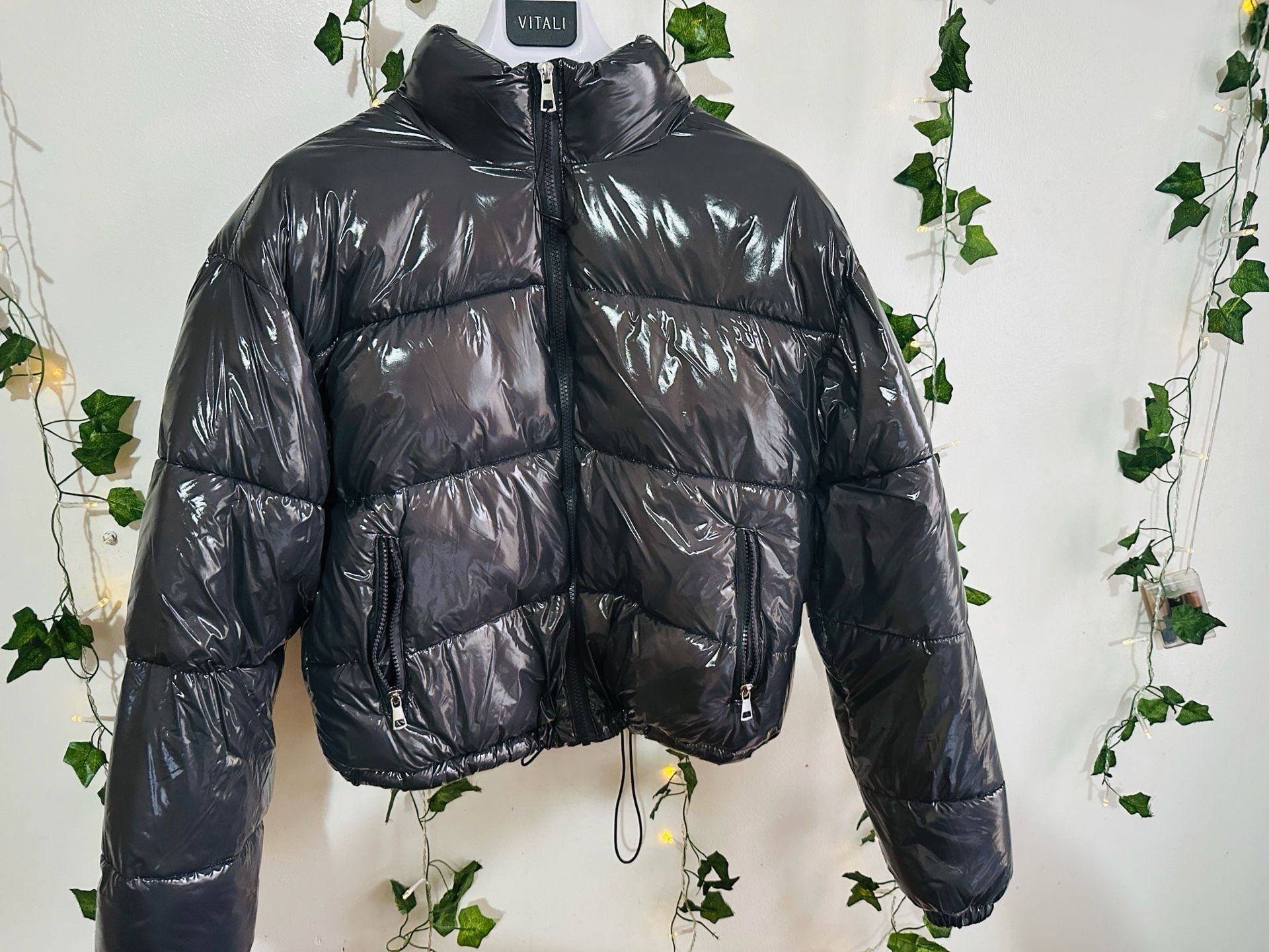 Love Streak Cold Weather Collection Black High Shine Cropped Puffer Jacket Size S 6