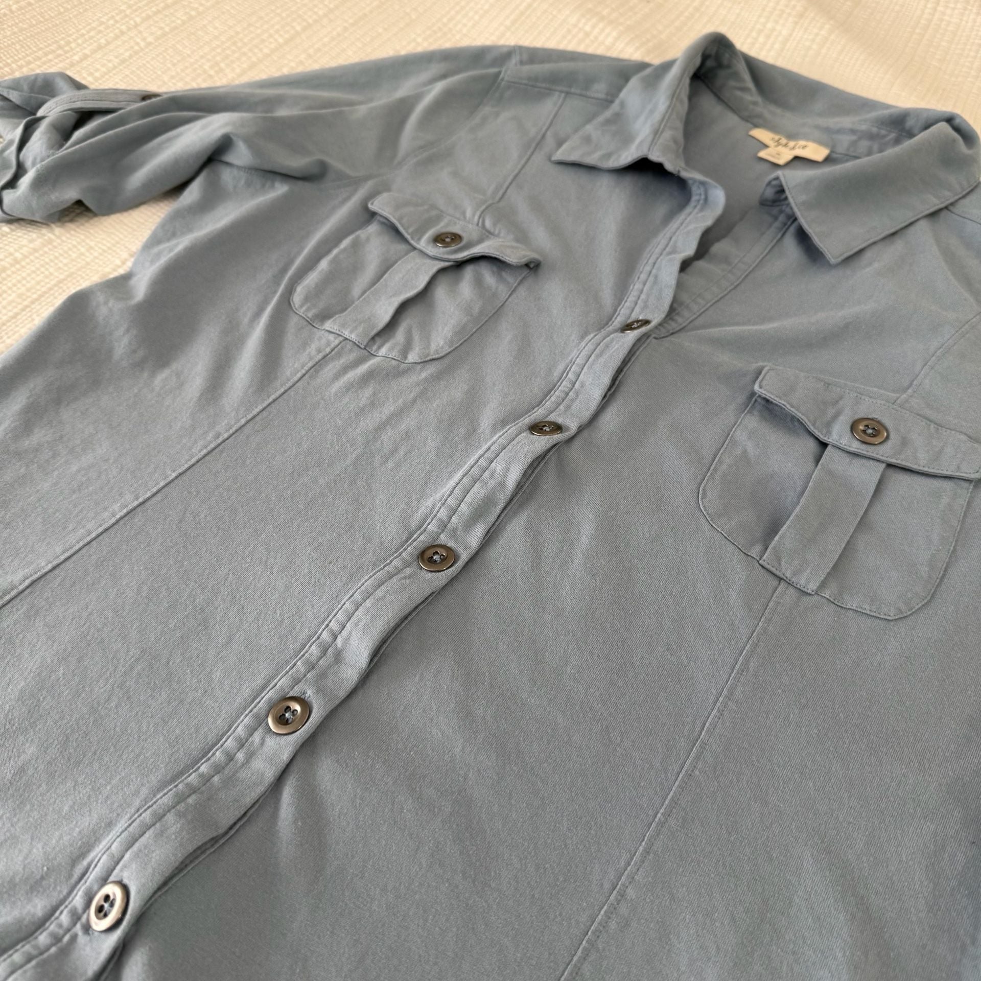 Style & Co. Blue Collared Button-Up Utility Shirt with Pockets 6