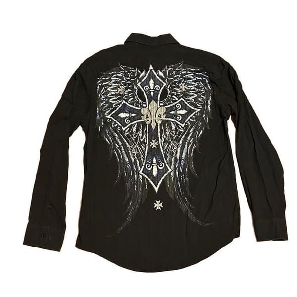 Eighty Eight Y2K Long Sleeve Button Down Shirt Black Cross Wings Mens