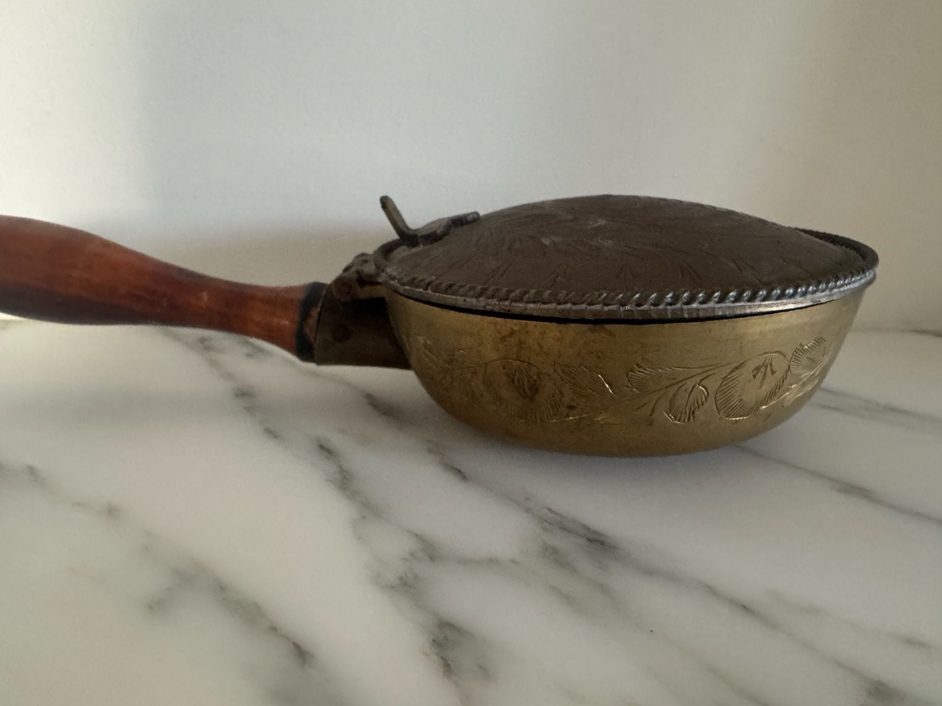 Vintage Brass Silent Butler Crumb Catcher with Wooden Handle and Etched Floral Design 1